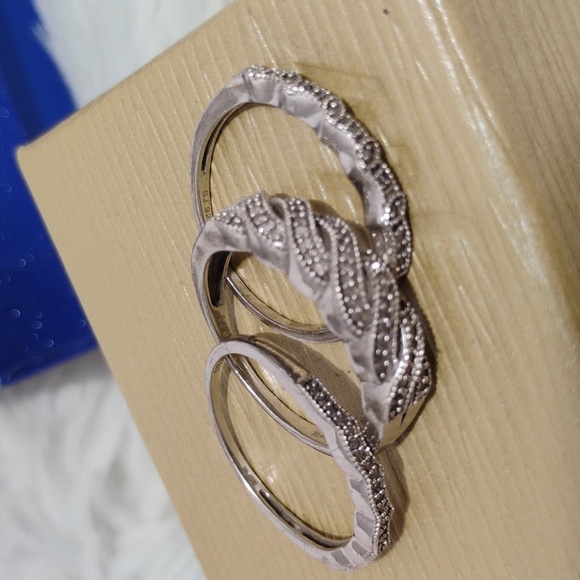 SALE! Stunning 3 Ring Trio Solid 925 Sterling Silver Genuine Diamonds Set - Picture 6 of 15